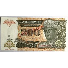 ZAIRE 1994 . TWO HUNDRED 200 ZAIRES BANKNOTE . SPECIMEN